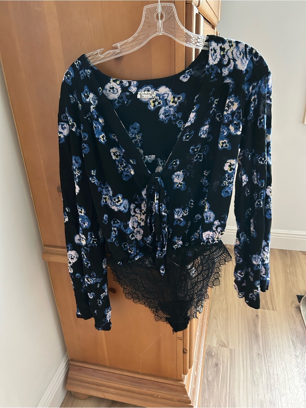 Free People Floral Navy Blue Lace-Trim Long Sleeve Bodysuit